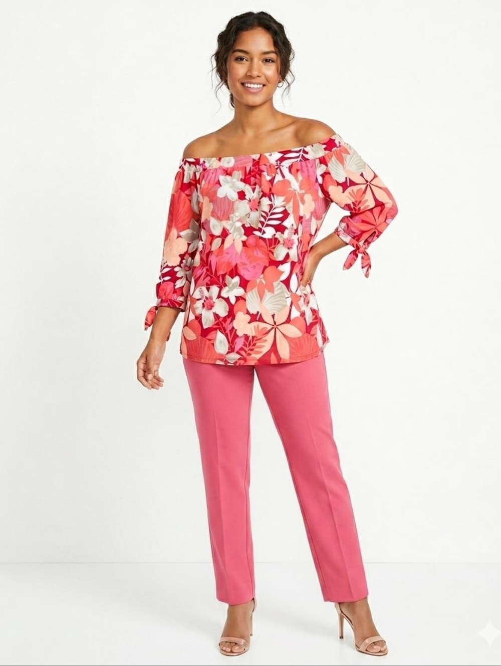 Simply Styled Red Pink Floral Off-Shoulder Blouse